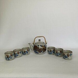 Japanese Teapot Bamboo Handle and Six Sake Cup Set Floral Stoneware